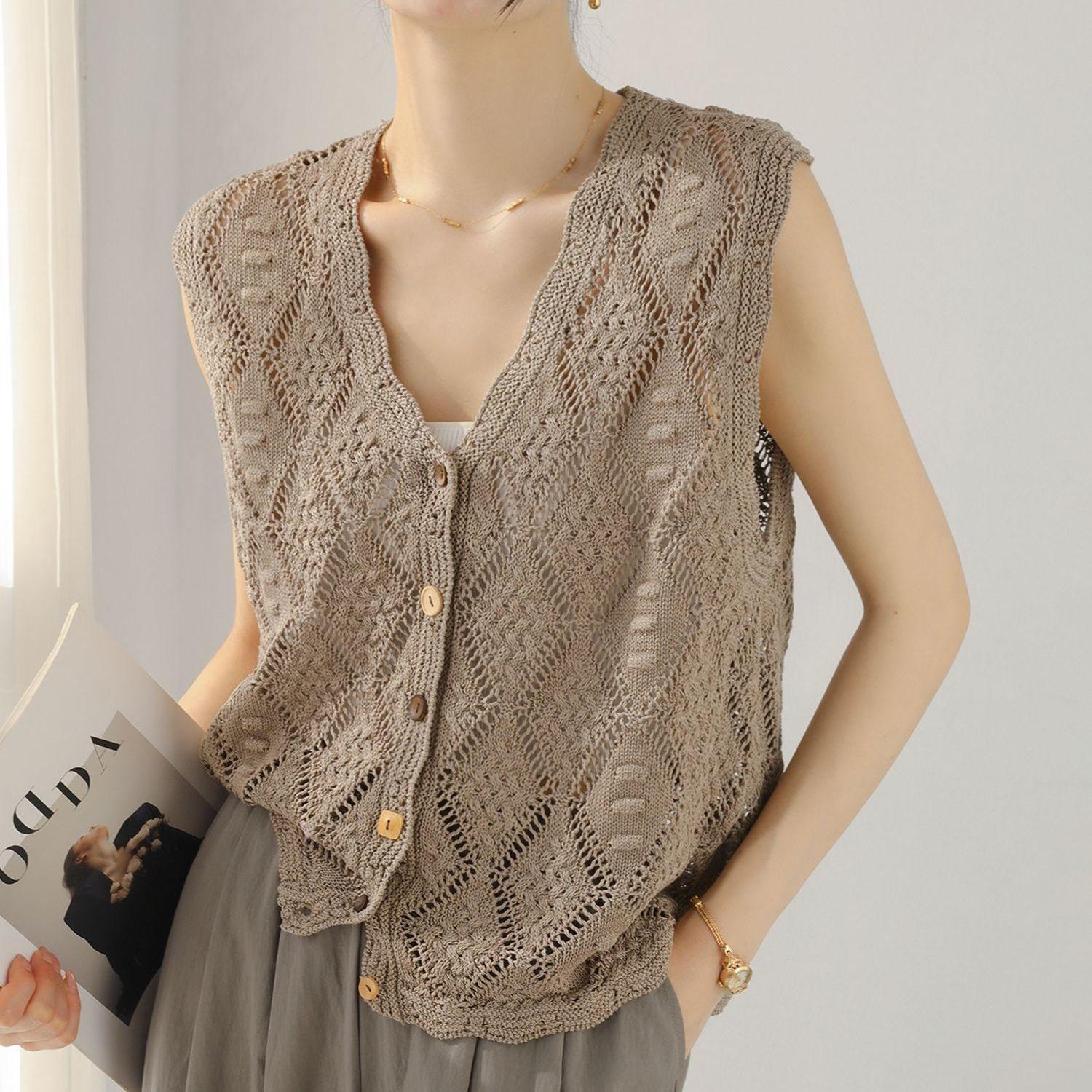 

Diamond Pattern Hollow Out Knitted Vest Tank Top Summer Plus Size Loose High End V Neck Top S