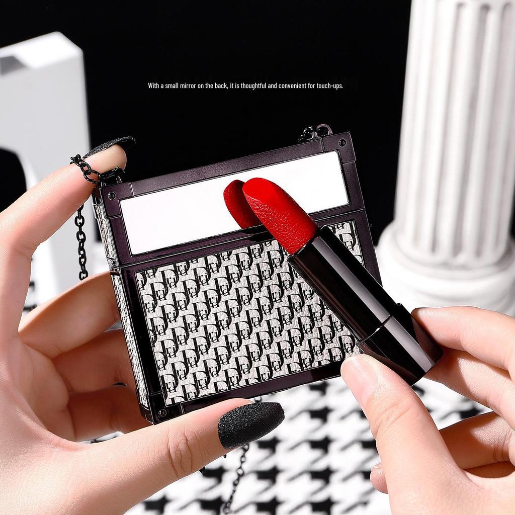 Charming Chain Small Leather Bag with Mirror: Set of Three Lightweight, Soft Matte Lipsticks