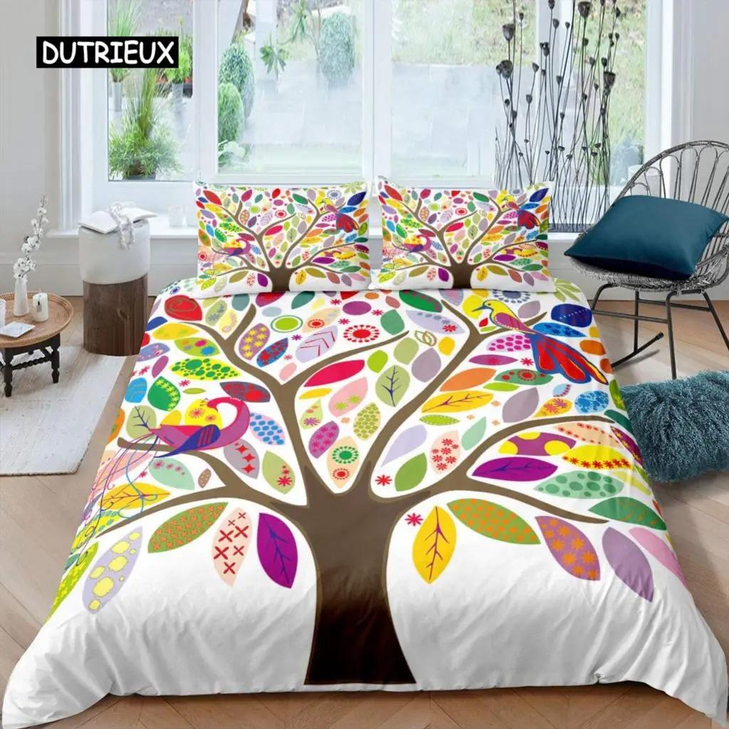 Tree of Life Duvet Cover Set Natural Scenery Bedding Set Botanical Branches Comforter Cover Autumn Leaves King Size Quilt Cover