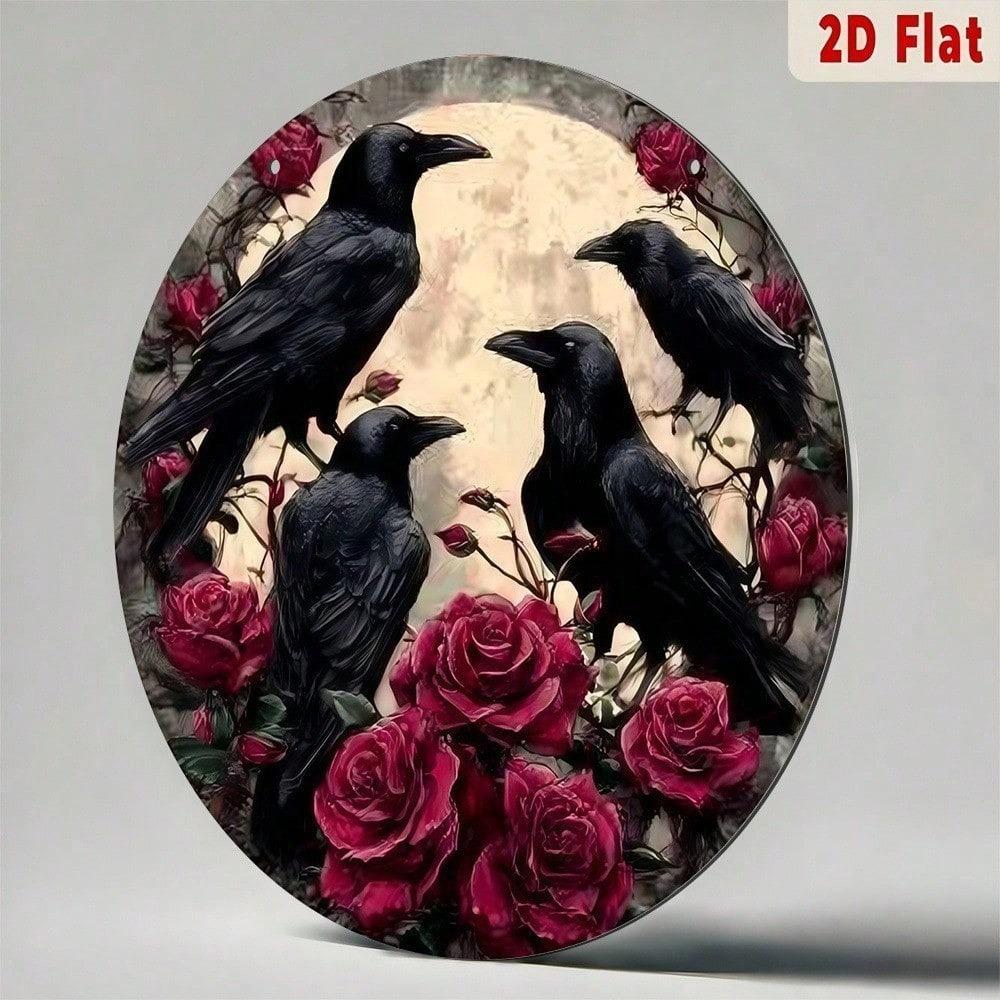 Gothic Raven and Rose Metal Wall Art Halloween Decor