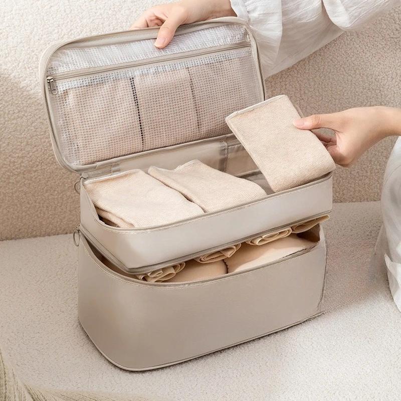 Dwupoziomowy organizer podróżny 3 w 1: Torba do przechowywania biustonoszy/bielizny/skarpet o dużej pojemności, przenośna i kompaktowa