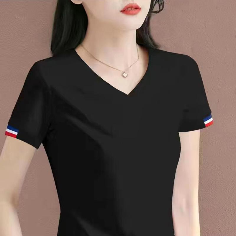 Women's 2025 Summer V-Neck Cotton White Short-Sleeve T-Shirt - High-End, Stylish, Hot-Selling Top