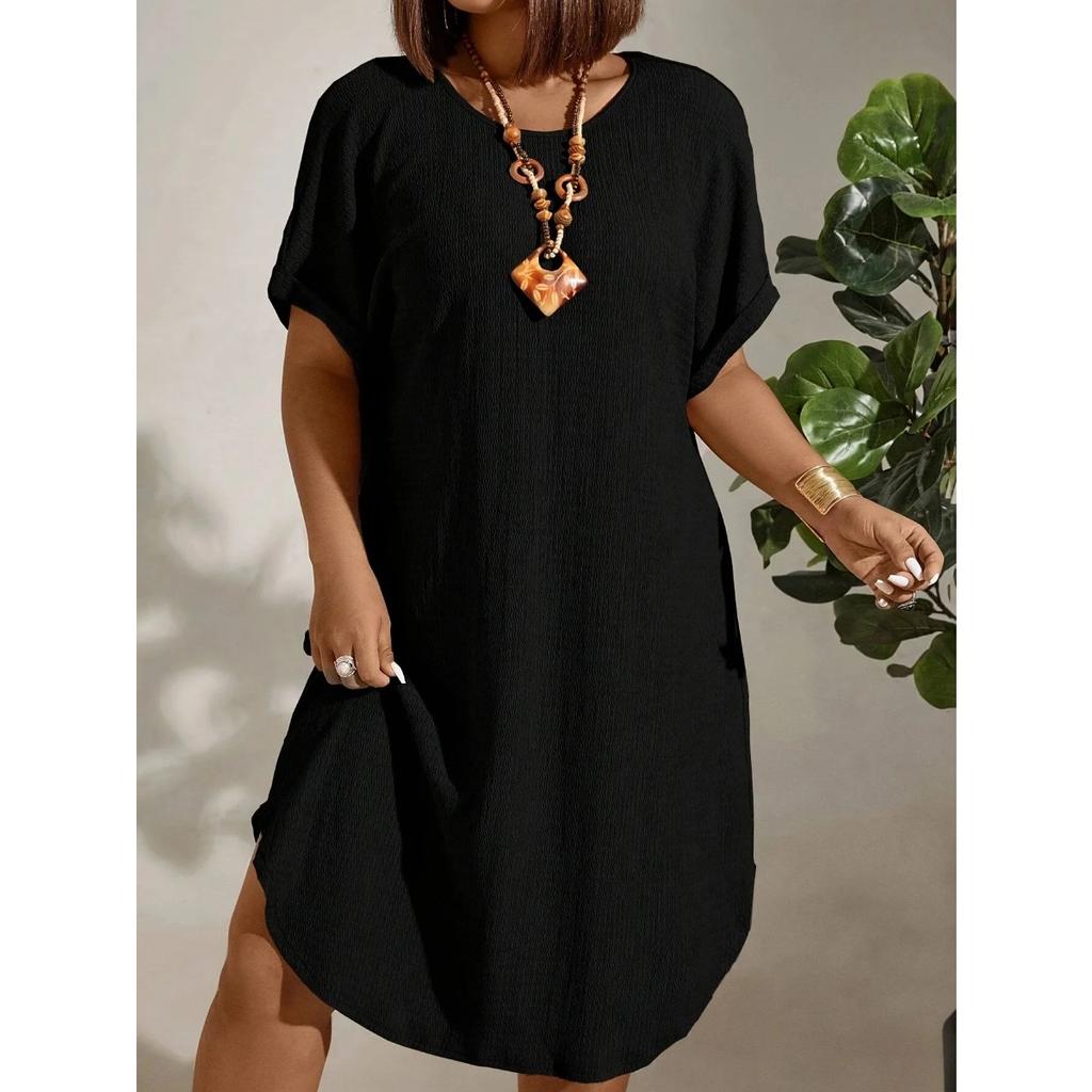 European and American Large-size Women's Clothing New Short-sleeved Solid Color Dress