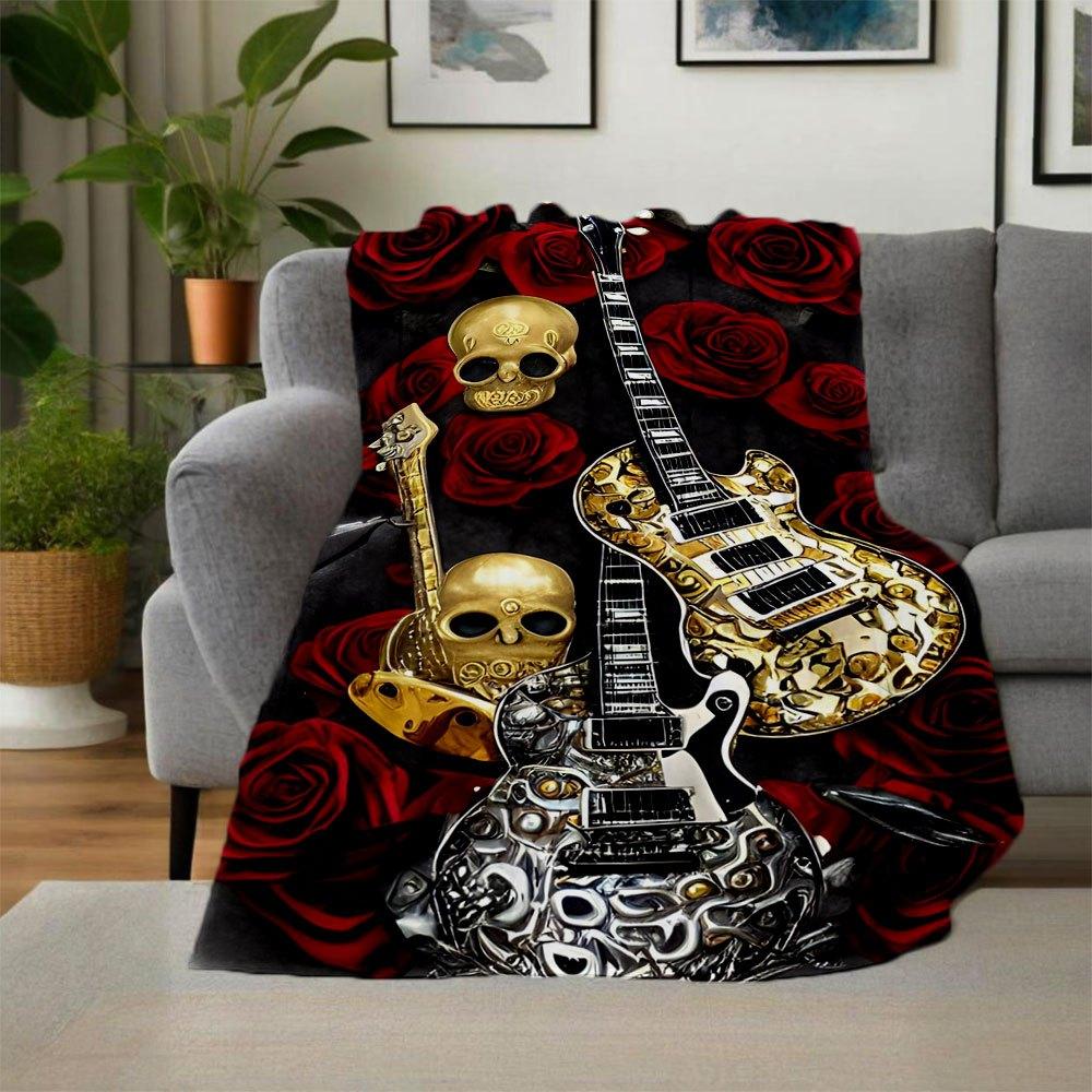 Golden Skull Guitar with Red Roses BackgroundBlanket Flannel Throw Blanket for Sofa, Bed, Travel, Camping, Office