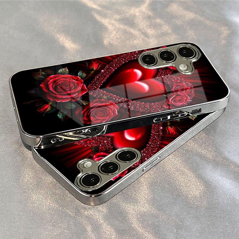 Gold-plated tempered glass phone case compatible Galaxy S26 S25 S24 S23 S22 Ultra Plus Features red rose sparkling heart design
