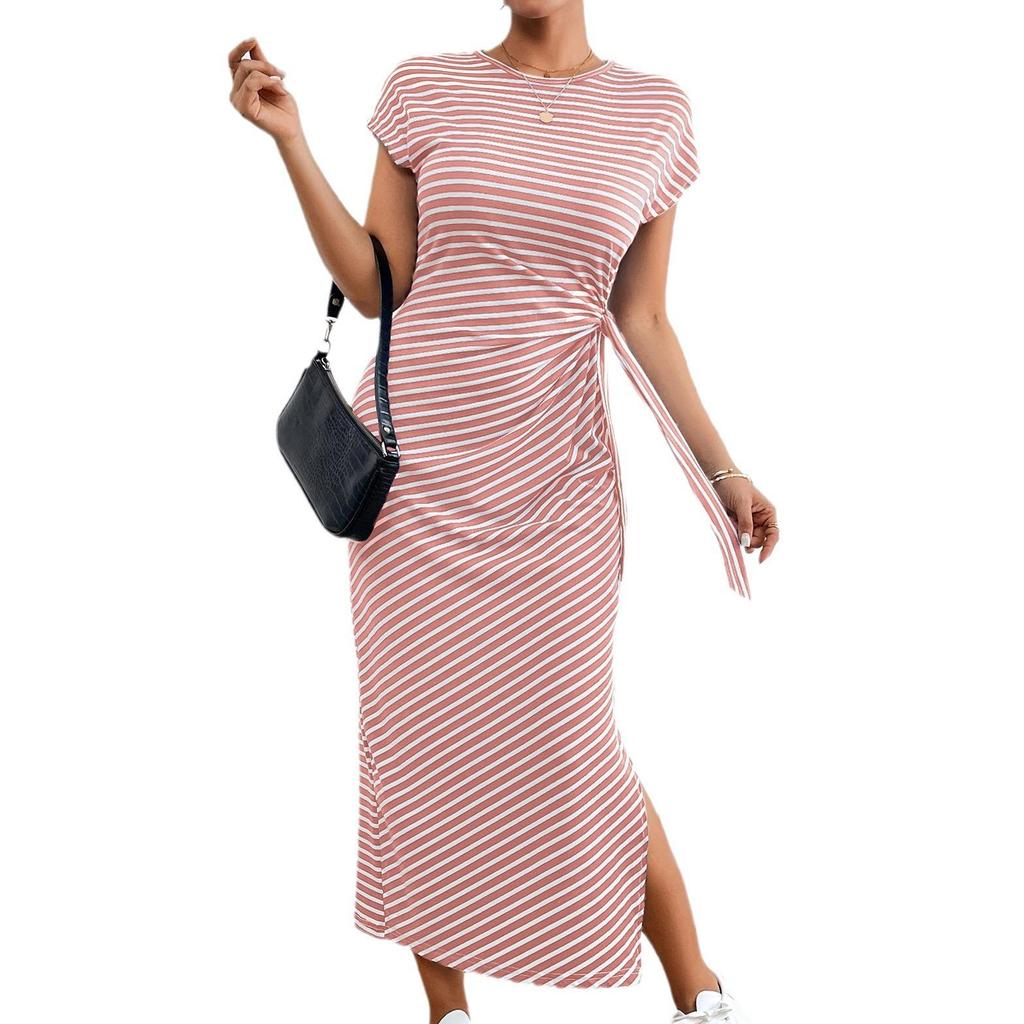 Women's Striped Midi Dress with Tie Waist and Side Slit