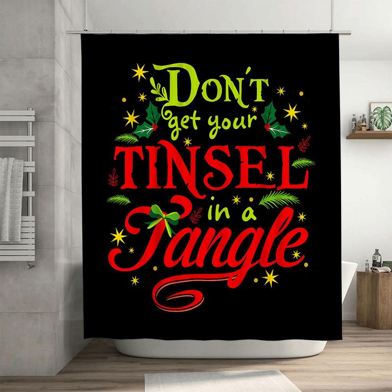 

Funny Christmas Saying Shower Curtain, Don T Get Your Tinsel In A Tangle Quote On Black With Stars, Humorous Holiday Decor W60H190(CM)-1 Pcs