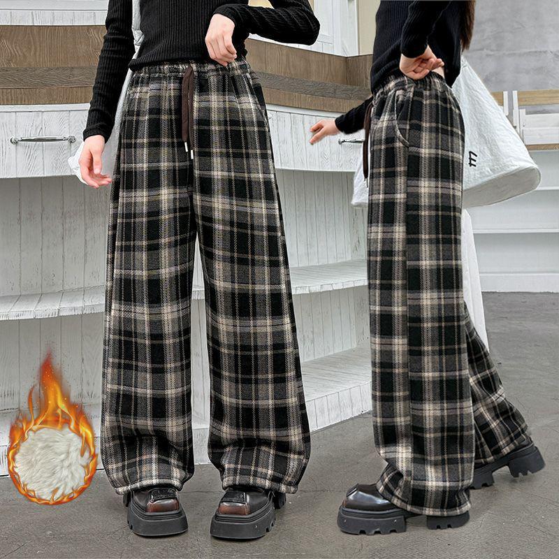 2025 Autumn/Winter Girls' Fashion Plaid Wide-Leg Barrel Pants - Stylish Casual Trousers for Kids