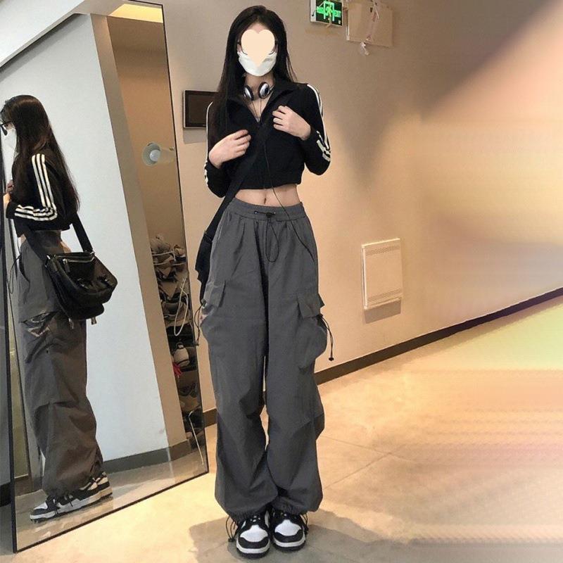 

Женские брюки с высокой талией, в стиле ретро, хип-хоп, прямого кроя, повседневные, с несколькими карманами Small серый