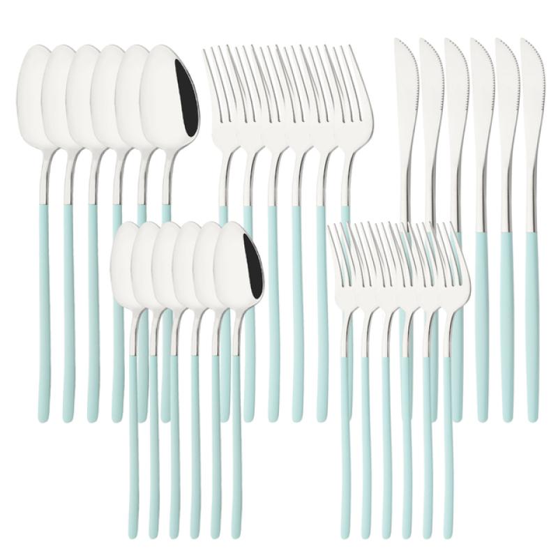 White Gold 30Pcs Dinnerware Set Knife Dessert Fork Spoon Tableware Cutlery Set 18/10 Stainless Steel Flatware Silverware Sets