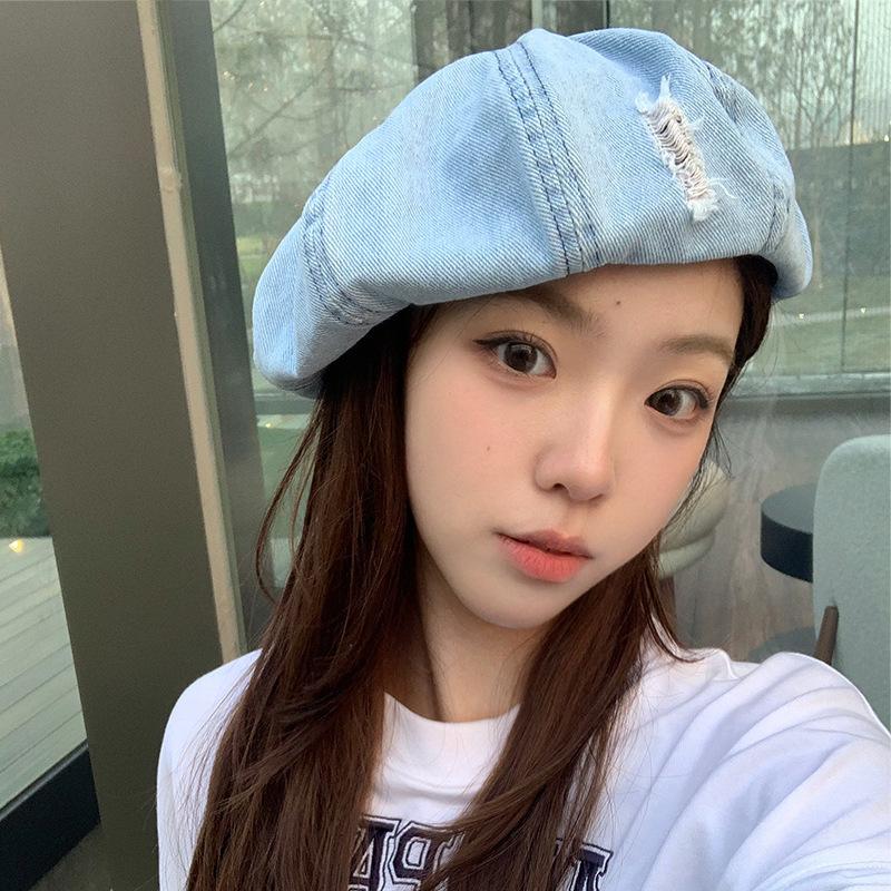 Denim Ripped Beret Women's Spring and Summer New Versatile Cloud Hat Retro Washing and Old Face Showing Small Star Anise Hat