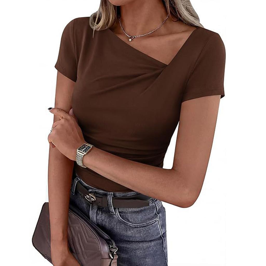 Women's Short-sleeved Asymmetric Collar Pleated Decorative Fitted Blouse Casual T-shirt Top