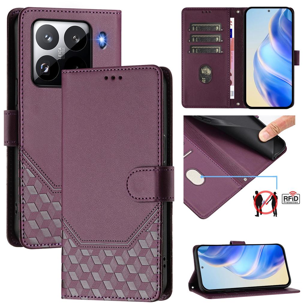 For Xiaomi 15 Pro Case Imprinted Honeycomb RFID Blocking Leather Phone Cover with Strap