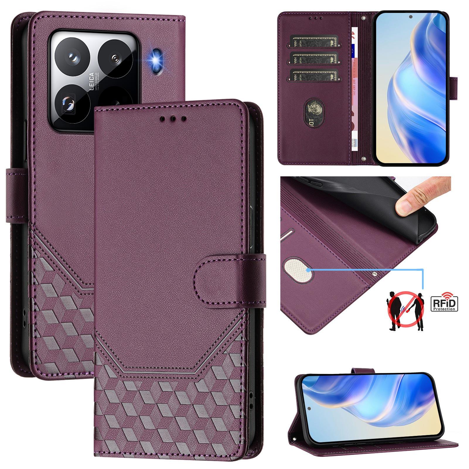 

For Xiaomi 15 Pro Case Imprinted Honeycomb RFID Blocking Leather Phone Cover with Strap Dark Purple