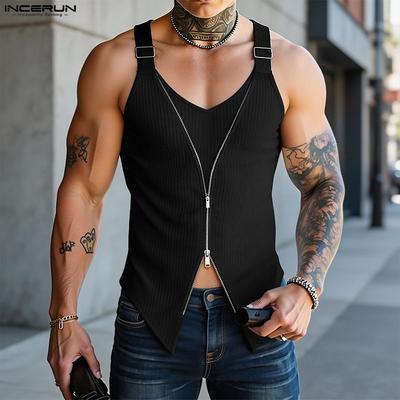 Summer Men Sleeveless Irregular Casual Fitted Rib Tank Tops Undershirts