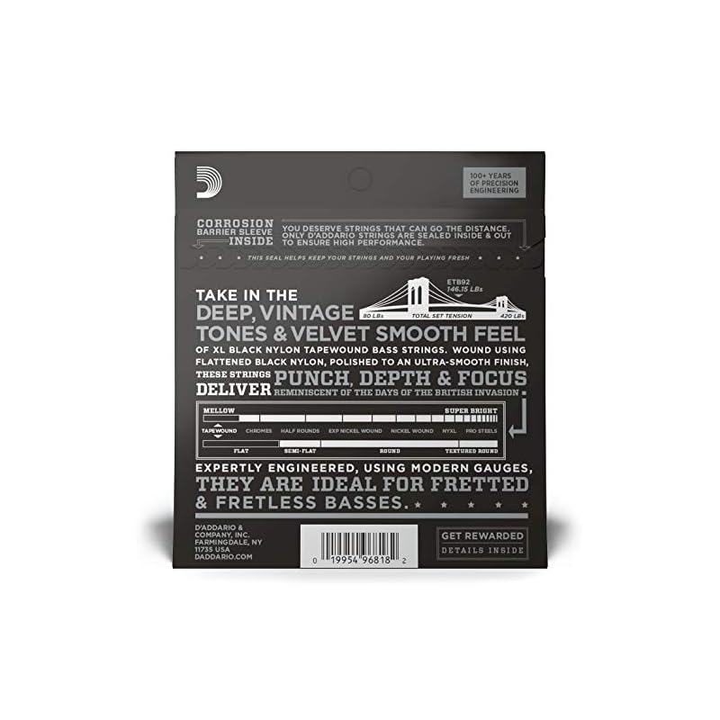 D'Addario ETB92 Černé struny pro basovou kytaru s nylonovým omotem, dlouhé, .050-.105mm [Oficiální japonský produkt]
