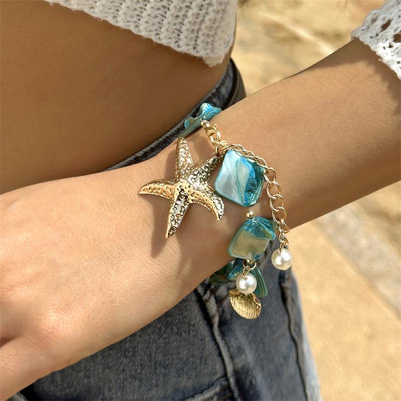 Bohemian Beach Style Bracelet For Women Gold Color Big Starfish Shell Conch Charm Bangle Girls Summer Vacation Jewelry Accessory