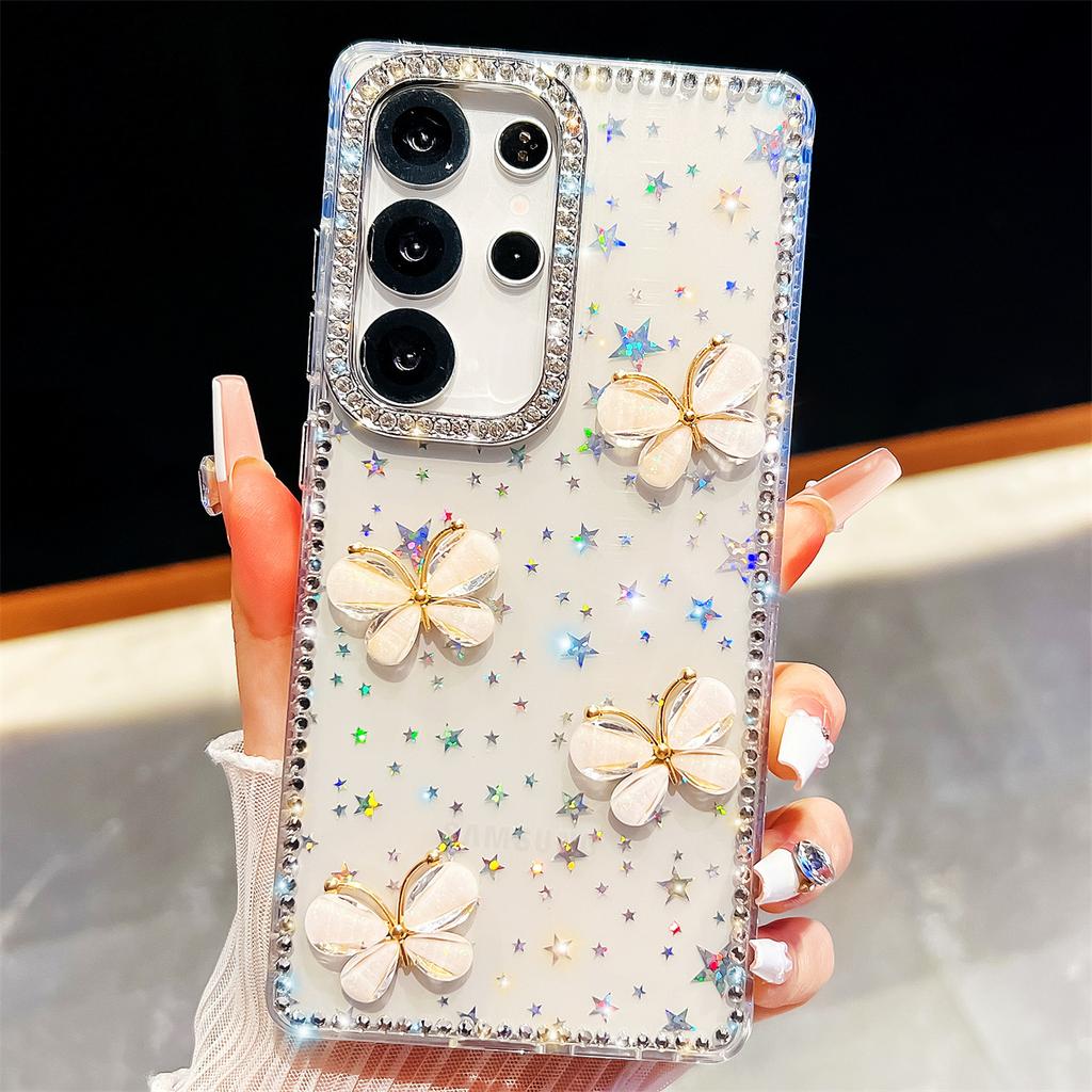 Handmade Sparkly Diamond Glass Butterfly IMD Phone Case, Compatible with Samsung S23 Ultra/S24/S25 & A07/A15/A16/A17/A26/A35/A36/A55/A56