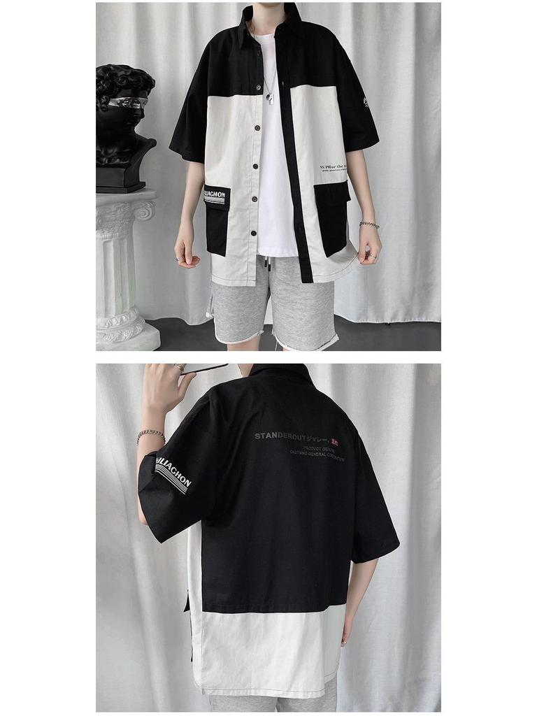 Men's Trendy Color Block Short-Sleeve Shirt - Hong Kong & Korean Style