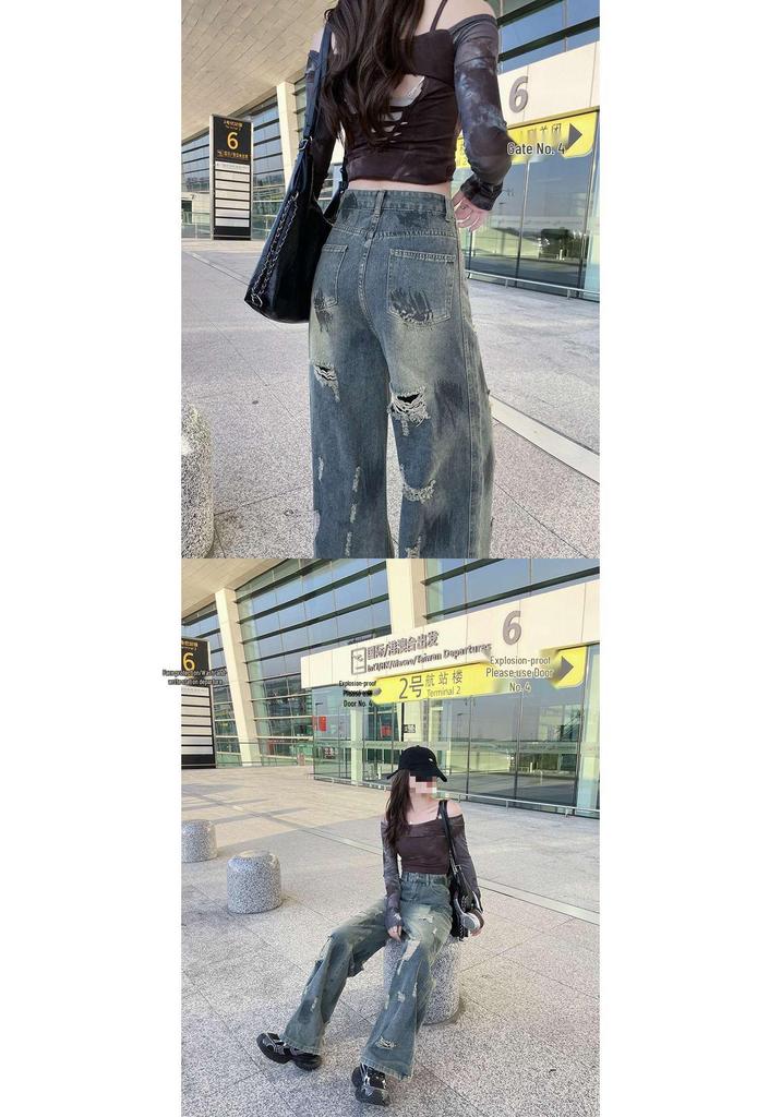 Authentic American Streetwear Women's Ripped Wide-Leg Jeans - New Cool, Loose, Slimming, Straight, Floor-Length Fit