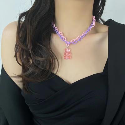 New Pink Plastic Acrylic Gummy Bear Double-layer Stacked Necklace Trendy Niche Personality with Collarbone Chain Woman