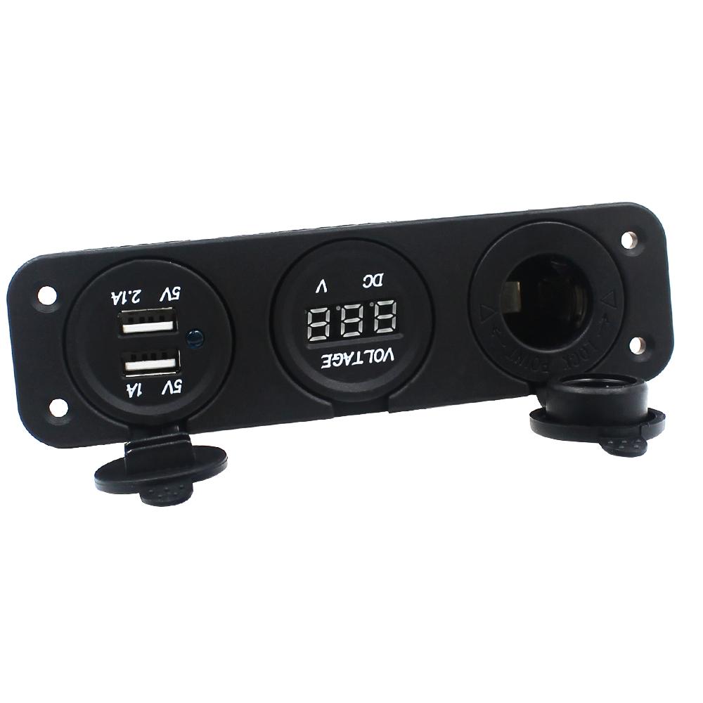 Dual USB Socket Charger + LED Voltmeter + 12V / 24V Power Outlet 3 In 1 Multi-function Three Hole Panel for Truck Trailer Boat Camper Motorhome
