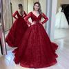 Blue Wedding Dress Autumn and Winter New Long-sleeved Bead Sequined Big Swing Dress Sexy V-neck Banquet Dress New