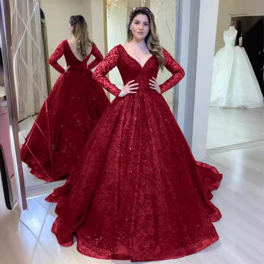 Blue Wedding Dress Autumn and Winter New Long-sleeved Bead Sequined Big Swing Dress Sexy V-neck Banquet Dress New