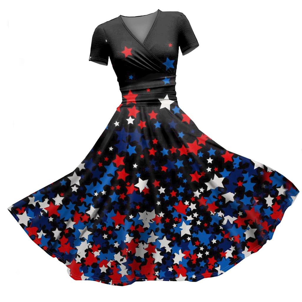 Dame prinsessekjole Sexy V-hals print midje Pull plissert kortermet kjole