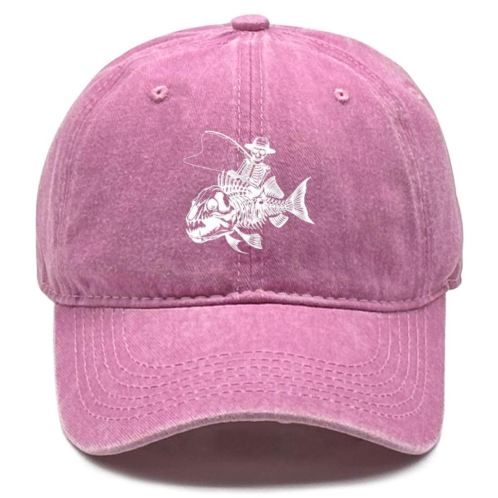 Human Skeleton and Fish Print Snapback Sun Hat, Fishing Rod Mesh Hat Fit Hip Hop Distressed Raw Brim Adjustable Baseball Hat