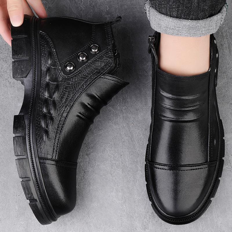 Men's High-top Sock Martin Boots: Outdoor Workwear Shoes, Autumn/Winter Cowhide Leather with Velvet Lining, Casual Cotton Design.