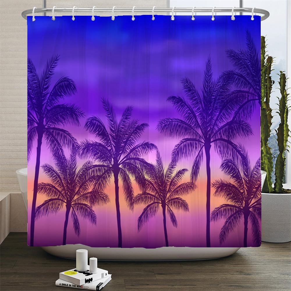 Strand Sonnenuntergang Palmen Landschaft 3D-Druck Duschvorhang Polyester Wasserdicht Heimdeko Vorhang Mit Haken Große Größe 300x180