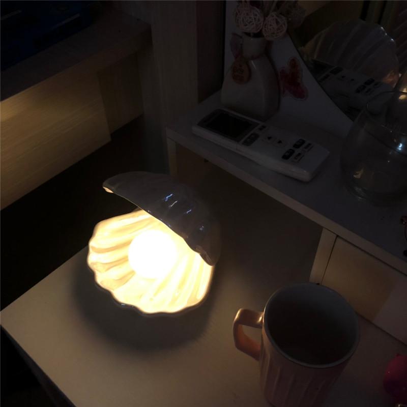 Ins Ceramic Shell with Pearl Night Light Streamer Mermaid Light Fairy Shell Night Lamp for Bedside Home Decor Xmas Gift
