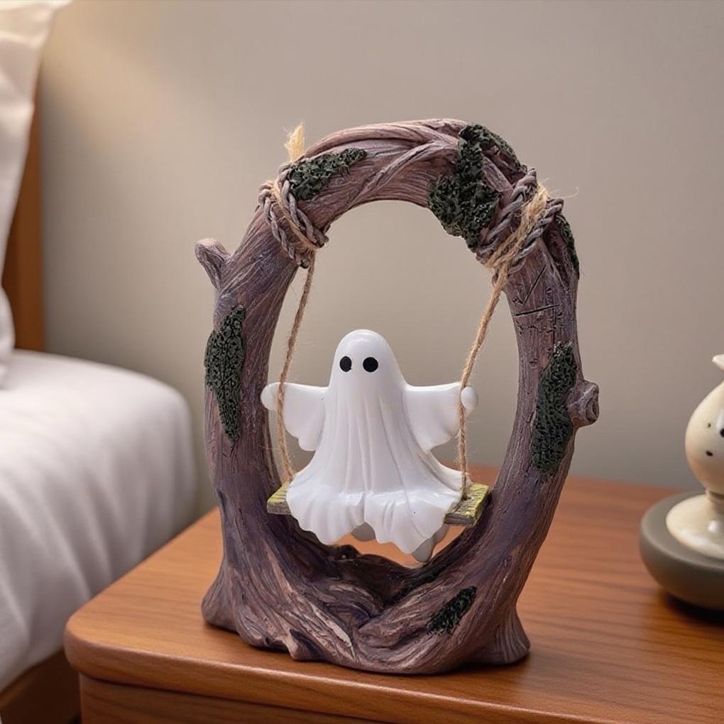 2025 New Halloween Swing Ghost Statue Cute Ghost Swing On A Tree Resin Sculpture Halloween Party Ghost Decor Home Decoration