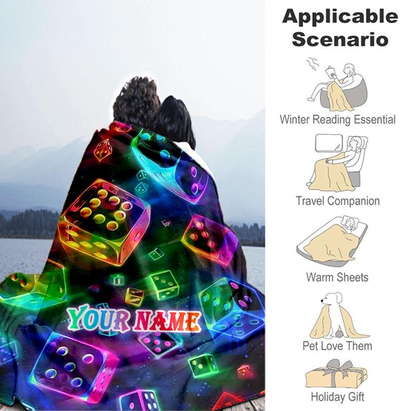 1PC Custom Name Neon Dice Vibrance flannel blanket versatile,all-season throw suitable for the living room,bedroom,camping,travel,and gift