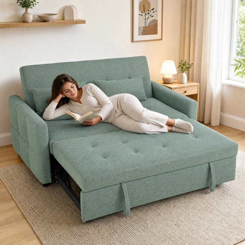 Convertible Sofa, 2-Seater, 3-in-1 Click-Clack Bed, 160 Cm, Adjustable Backrest, 2 Pillows, Green