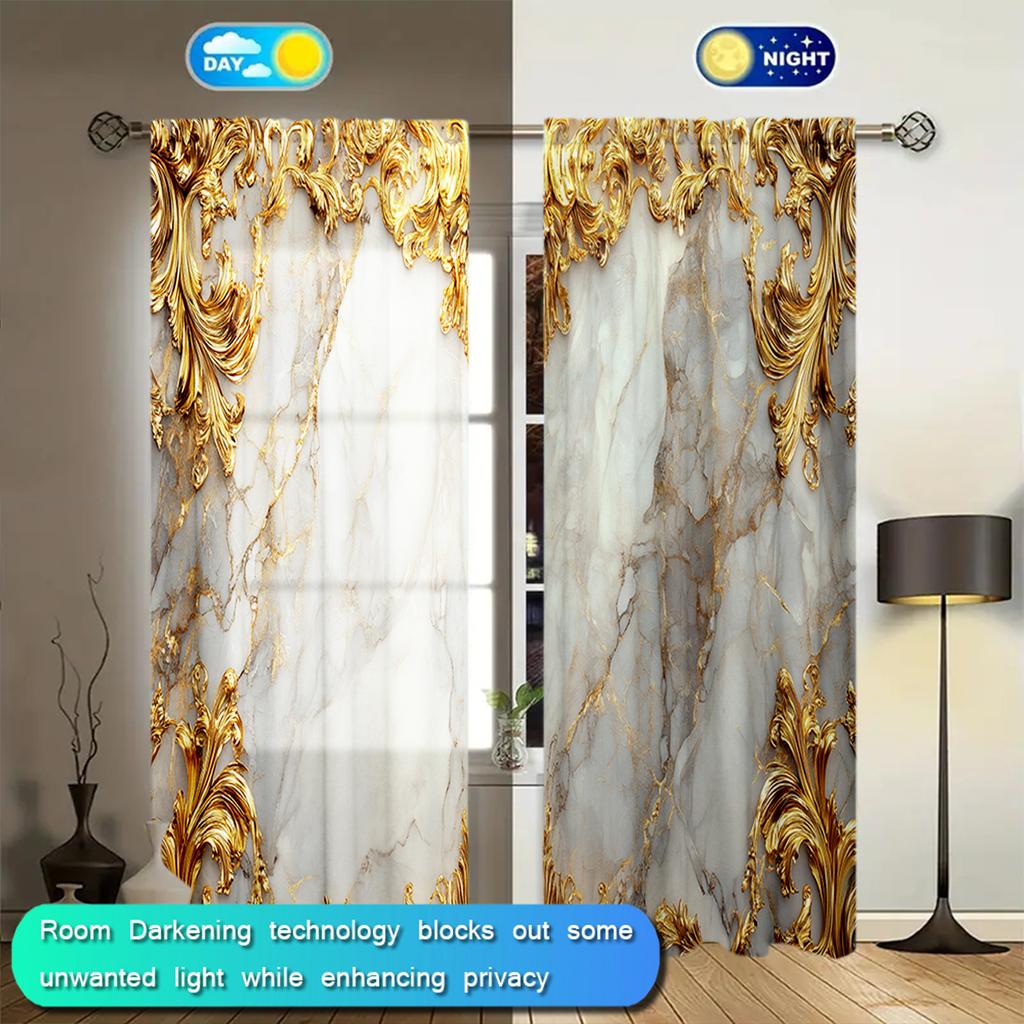2pcs Gold Inlaid Marble Printed Curtain for Home Decor - Rod Pocket Window Treatment for Bedroom   Office   Kitchen   Living Room
