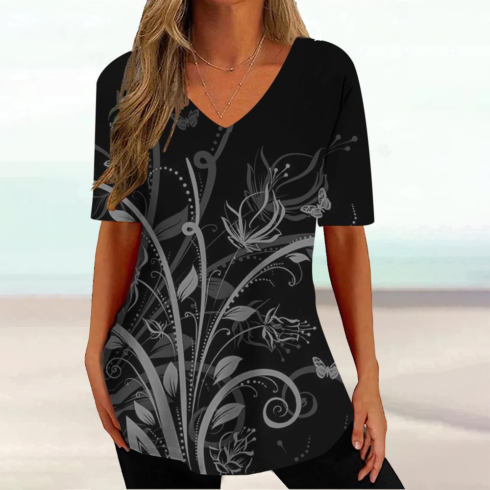 

Винтажная футболка для женщин, летний свитер с V-образным вырезом и коротким рукавом, 2023, новая женская одежда, простая черная женская футболка, уличная одежда 3XL