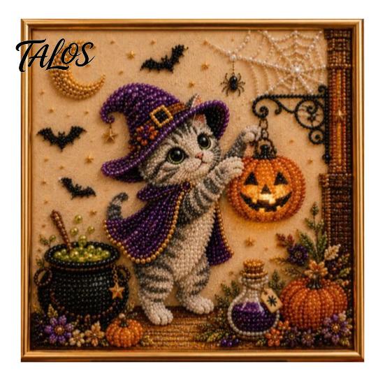 Creative Gifts for Cat Lovers Halloween Witch Hat DIY 3D Pearl Painting Kit with Frame, Hand-Pasted Art Craft Adults, Relaxing Handcrafted Living Room