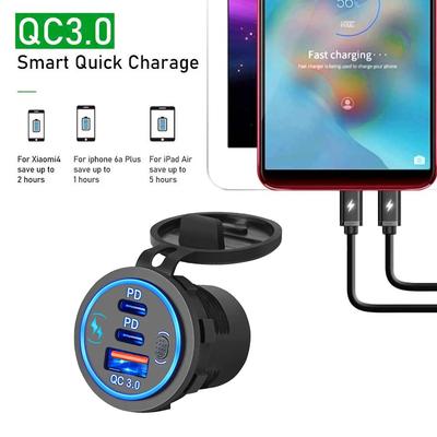 QC3.0 Dual USB Car Charger 12V/24V 60W Fast Charge Waterproof with Touch Switch PD3.0 USB C Port for Car Truck Boat Marine