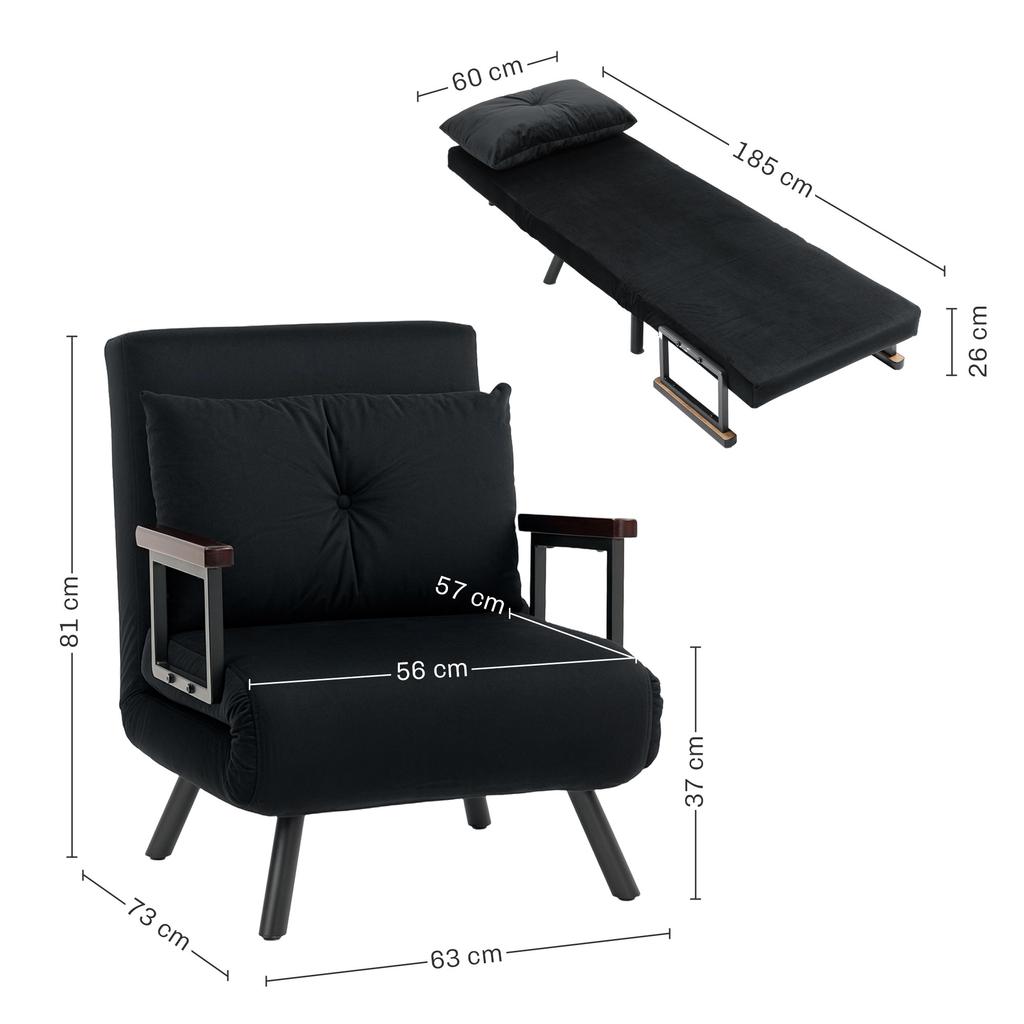 4-in-1 Velvet-Feel Single Chair Bed, with Pillow - Black