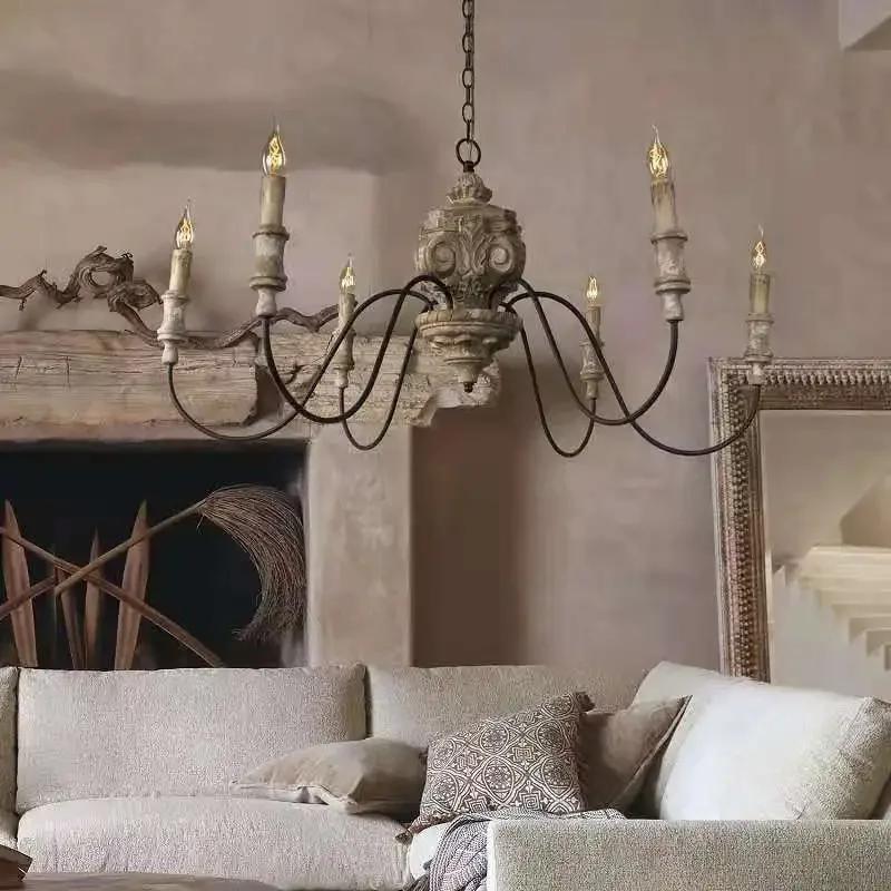 American Rural French Solid Wood Chandelier Carving Retro Vintage Living Room Dining Room Bedroom Villa Candle Lights Lustre