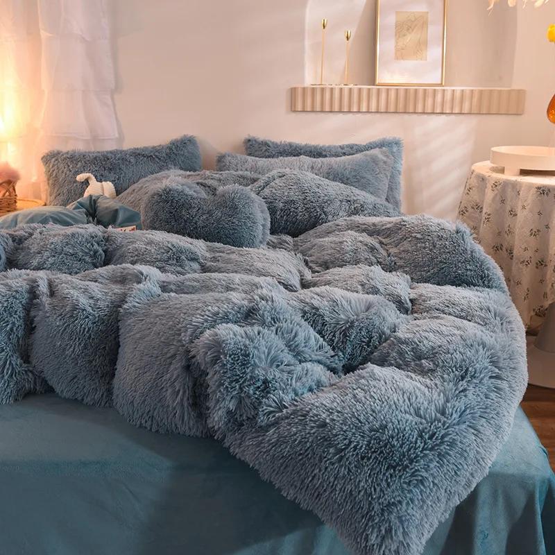 Luxury Winter Warm Long Plush Pink Bedding Set Queen Mink Velvet Double Duvet Cover Set with Fitted Sheet Warmth Quilt Covers