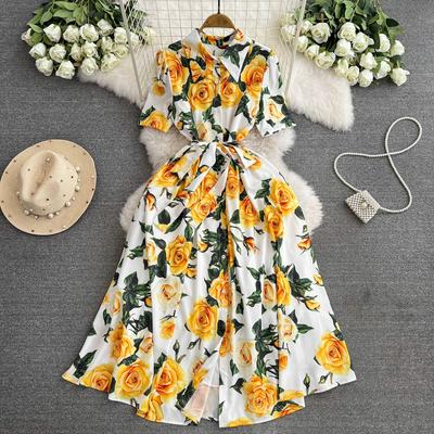 Summer Women Designer Print Runway Dress Elegant Turn-down Collar Yellow Rose Shirt Party Dresses