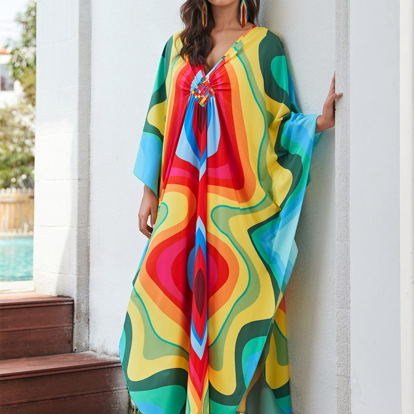 

YYFS женская мода отпуск лето весна геометрический принт с длинным рукавом v-образным вырезом повседневные платья One Size разноцветный