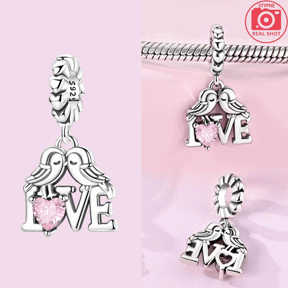 

925 Silver Wedding Ring Pendant Heart Bear Pink Parent-child Beads Fit Bracelet Pendant Valentine Women Gift Accessory