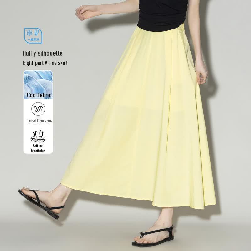 Tencel-Blend High-Waist Pleated A-Line Midi Skirt L