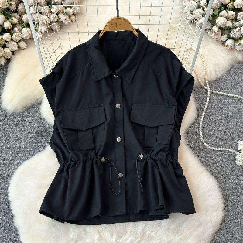 

South Korea Chic Summer New Arrival Retro Design Niche Style Drawstring Lace Waist Trimming Short Parka Vest Coat Women Black One size