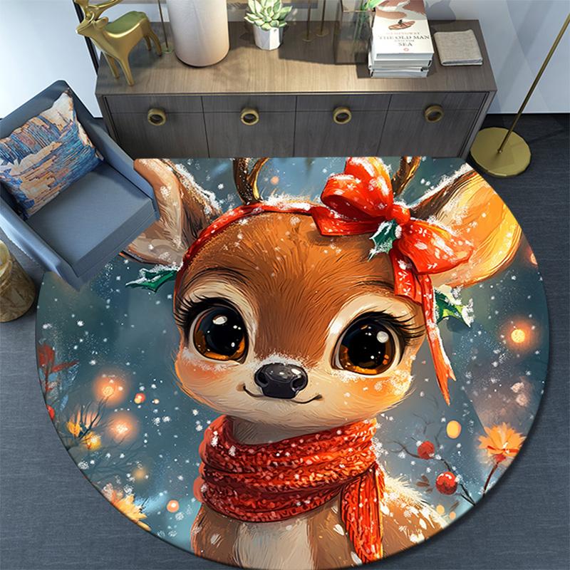 Cute Deer Round Area Rug,Carpet Rug for Living Room Bedroom Sofa Playroom Decor,Non-slip Floor Mat