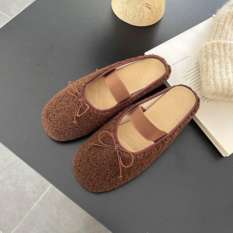 Mode Winter Warm Damen Flach mit Fellschuhen Mode Schmetterlingsknoten Damen Pantoletten Fell Hausschuhe Lässig Outdoor Indoor Weibliche Pantoletten